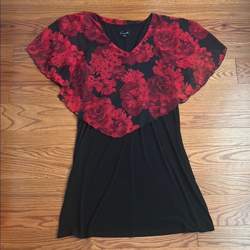 Connected Apparel Black and Red Ruffled Cap Sleeve Dress!